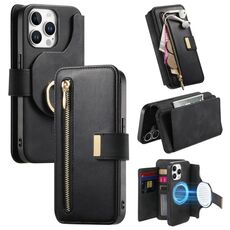 Custodia in pelle con cerniera ad anello per iPhone 13 Pro Max, anti-RFID, MagSafe (nera)