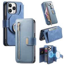 Custodia in pelle con cerniera ad anello per iPhone 13 Pro, anti-RFID, MagSafe (blu)