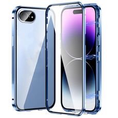 Custodia per telefono in vetro temperato HD con doppia fibbia magnetica per iPhone 16e (blu)