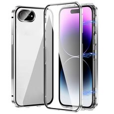 Custodia per telefono in vetro temperato HD con doppia fibbia magnetica per iPhone 16e (argento)
