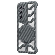 Custodia per telefono cellulare MagSafe con supporto girevole in fibra di carbonio cava globale per OPPO Reno12 (grigio)