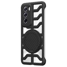 Custodia per telefono OPPO Reno12 Global Hollow in fibra di carbonio con supporto girevole MagSafe (nera)