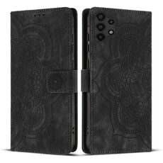 Custodia per telefono in pelle smerigliata retrò con motivo mandala in rilievo per Samsung Galaxy A13 (nera)