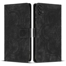 Custodia per telefono in pelle smerigliata retrò con motivo mandala in rilievo per Samsung Galaxy A23 5G (nera)