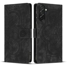 Custodia per telefono in pelle smerigliata retrò con motivo mandala in rilievo per Samsung Galaxy A26 5G (nera)