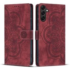 Custodia per telefono in pelle smerigliata retrò con motivo mandala in rilievo per Samsung Galaxy S25+ 5G (rossa)