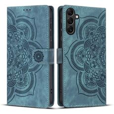 Custodia per telefono in pelle smerigliata retrò con motivo mandala in rilievo per Samsung Galaxy S25+ 5G (blu)