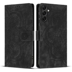 Custodia per telefono in pelle smerigliata retrò con motivo mandala in rilievo per Samsung Galaxy S25+ 5G (nera)