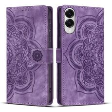 Custodia per telefono in pelle smerigliata retrò con motivo mandala in rilievo per Samsung Galaxy S25 Edge 5G (viola)