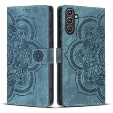 Custodia per telefono in pelle smerigliata retrò con motivo mandala in rilievo per Samsung Galaxy S24+ 5G (blu)