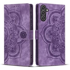 Custodia per telefono in pelle smerigliata retrò con motivo mandala in rilievo per Samsung Galaxy S24 FE 5G (viola)