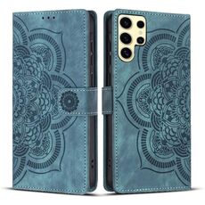 Custodia per telefono in pelle smerigliata retrò con motivo mandala in rilievo per Samsung Galaxy S24 Ultra 5G (blu)