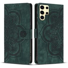 Custodia per telefono in pelle smerigliata retrò con motivo mandala in rilievo per Samsung Galaxy S24 Ultra 5G (verde)
