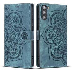 Custodia per telefono in pelle smerigliata retrò con motivo mandala in rilievo per Samsung Galaxy S23+ 5G (blu)