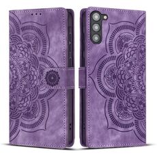 Custodia per telefono in pelle smerigliata retrò con motivo mandala in rilievo per Samsung Galaxy S23 5G (viola)