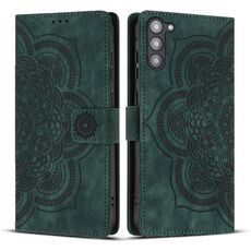 Custodia per telefono in pelle smerigliata retrò con motivo mandala in rilievo per Samsung Galaxy S23 5G (verde)