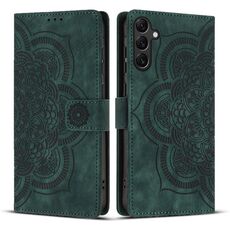Custodia per telefono in pelle smerigliata retrò con motivo mandala in rilievo per Samsung Galaxy S23 FE 5G (verde)
