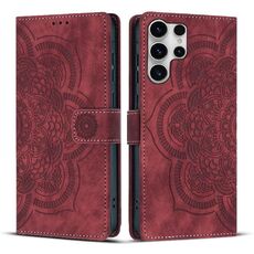 Custodia per telefono in pelle smerigliata retrò con motivo mandala in rilievo per Samsung Galaxy S23 Ultra 5G (rossa)