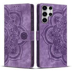 Custodia per telefono in pelle smerigliata retrò con motivo mandala in rilievo per Samsung Galaxy S23 Ultra 5G (viola)