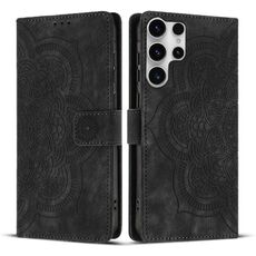 Custodia per telefono in pelle smerigliata retrò con motivo mandala in rilievo per Samsung Galaxy S23 Ultra 5G (nera)