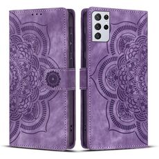 Custodia per telefono in pelle smerigliata retrò con motivo mandala in rilievo per Samsung Galaxy S21 Ultra 5G (viola)