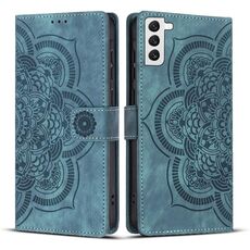 Custodia per telefono in pelle smerigliata retrò con motivo mandala in rilievo per Samsung Galaxy S22+ 5G (blu)