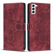 Custodia per telefono in pelle smerigliata retrò con motivo mandala in rilievo per Samsung Galaxy S22 5G (rossa)