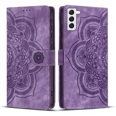 Custodia per telefono in pelle smerigliata retrò con motivo mandala in rilievo per Samsung Galaxy S22 5G (viola)