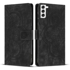 Custodia per telefono in pelle smerigliata retrò con motivo mandala in rilievo per Samsung Galaxy S21 FE 5G (nera)