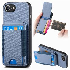 Custodia per iPhone 16e con supporto verticale a portafoglio e apertura a scatto in fibra di carbonio (blu)