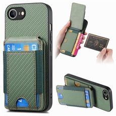 Custodia per iPhone 16e con supporto verticale a portafoglio e apertura a scatto in fibra di carbonio (verde)