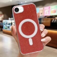 Custodia per iPhone 16e in acrilico trasparente con glitter e MagSafe (rosso)