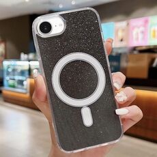 Custodia per iPhone 16e in acrilico trasparente con glitter e MagSafe (nero)