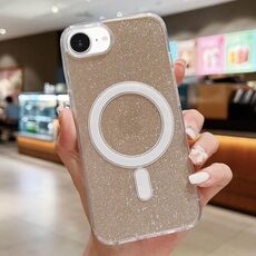 Custodia per iPhone 16e in acrilico trasparente con glitter e MagSafe (oro)