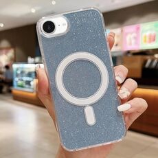 Custodia per iPhone 16e in acrilico trasparente con glitter e MagSafe (blu)