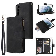 Custodia multifunzionale in pelle con cerniera e portafoglio per Samsung Galaxy S22+ 5G (nera)