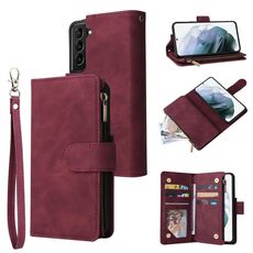 Custodia multifunzionale in pelle con cerniera e portafoglio satinato per Samsung Galaxy S22+ 5G (rosso vino)