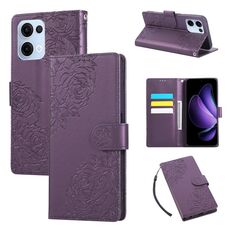 Custodia in pelle con 3 slot per carte di credito e motivo a rose in rilievo per OPPO Reno13 5G (viola scuro)