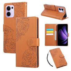 Custodia in pelle con 3 slot per carte di credito e motivo a fiori di rosa per OPPO Reno13 F 5G Global (marrone)
