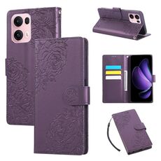 Custodia in pelle con 3 slot per carte di credito e motivo a fiori di rosa per OPPO Reno13 Pro 5G (viola scuro)