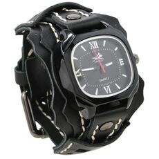 DPANCO W01478 Orologio da polso da uomo in pelle di mucca multistrato cucito a mano, accessorio da polso con catena punk rock audace (nero)