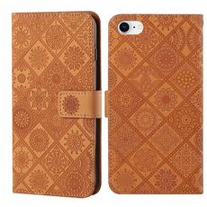 Custodia in pelle con motivo in rilievo in stile etnico per iPhone 16e (marrone)