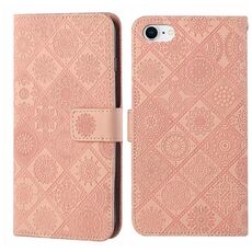Custodia in pelle con motivo in rilievo in stile etnico per iPhone 16e (rosa)