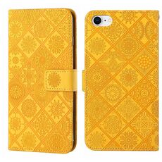 Custodia in pelle con motivo in rilievo in stile etnico per iPhone 16e (giallo)