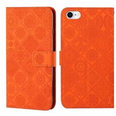 Custodia in pelle con motivo in rilievo in stile etnico per iPhone 16e (arancione)