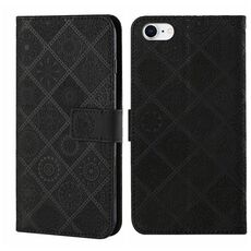 Custodia in pelle con motivo in rilievo in stile etnico per iPhone 16e (nera)