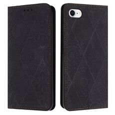 Custodia per iPhone 16e in pelle con stampa etnica ad assorbimento (nera)