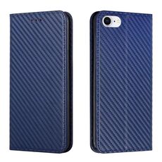 Custodia per iPhone 16e in pelle con chiusura magnetica e trama in fibra di carbonio (blu)