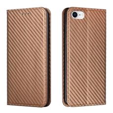 Custodia per iPhone 16e in pelle con texture in fibra di carbonio e chiusura magnetica (marrone)