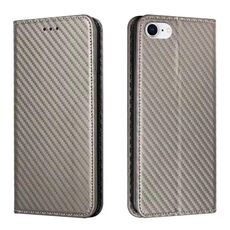 Custodia per iPhone 16e in pelle con texture in fibra di carbonio e chiusura magnetica (grigio)